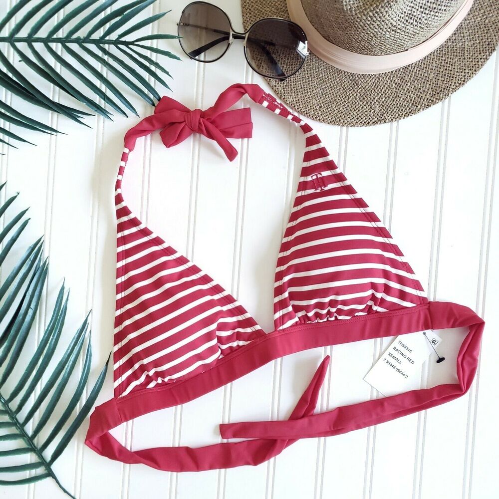 TOMMY HILFIGER striped halter triangle swim bikini top in racing red Size XS NEW
